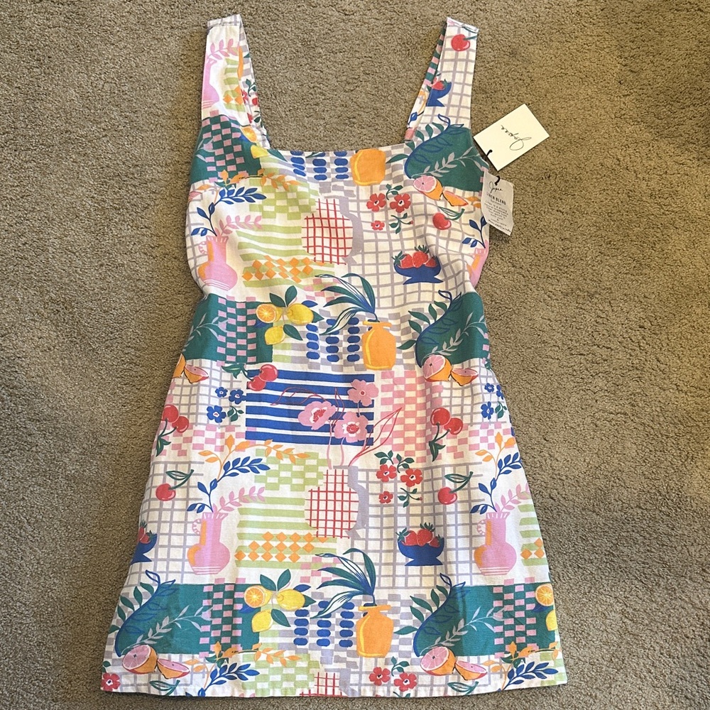 Sleeveless Linen Multicolor Floral-Print Mini Dress